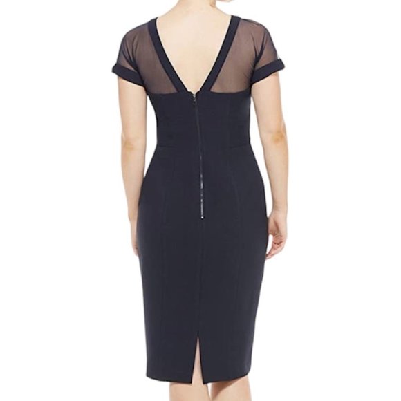 MAGGY LONDON Illusion Yoke Crepe Cocktail Dress in Navy 6 Petite - Picture 4 of 10